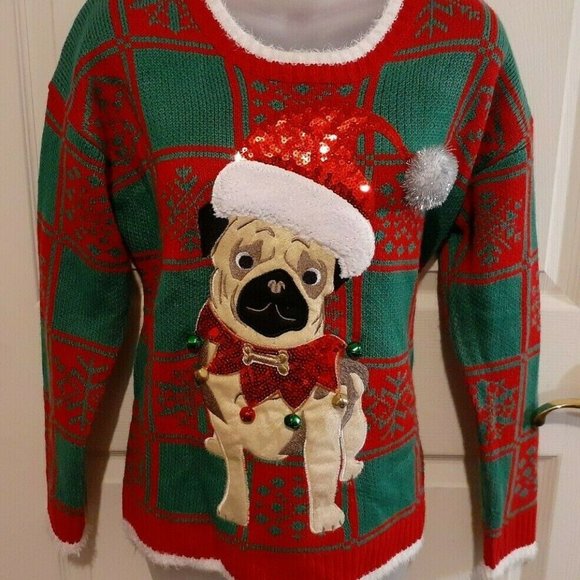 33 Degrees Sweaters - 33 Degrees Pug Dog Bells Sequins Holiday Sweater